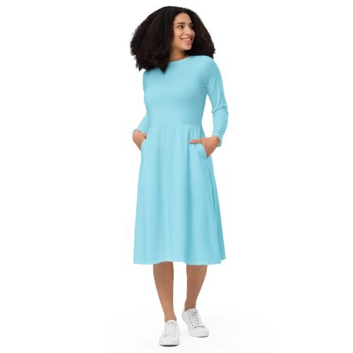 blue long sleeve midi dress