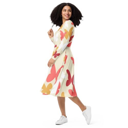 all over print long sleeve midi dress white left front 67577b9e4c9d7 – Long Sleeve Midi Dress Butterflies | Miah Shop