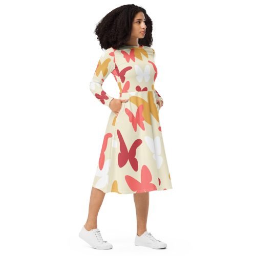 all over print long sleeve midi dress white right front 67577b9e4cac5 – Long Sleeve Midi Dress Butterflies | Miah Shop