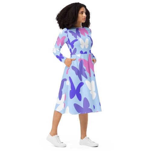 all over print long sleeve midi dress white right front 67577bc582a93 – Long Sleeve Midi Dress Butterflies | Miah Shop