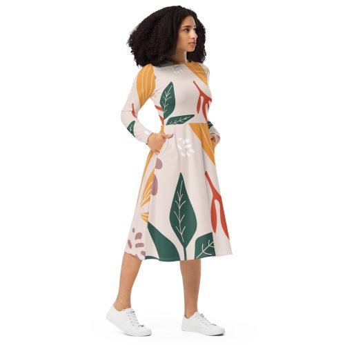 all over print long sleeve midi dress white right front 67577c071d36d – Long Sleeve Midi Dress Floral | Miah Shop