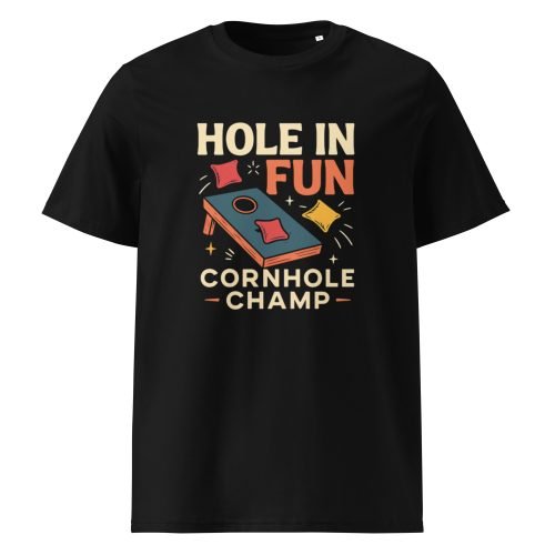 cornhole t shirts with fun backyard game design on organic cotton fabric